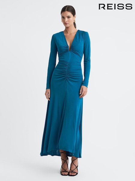 Reiss Teal Plunge Neck Ruche Midi Dress (503910) | €86