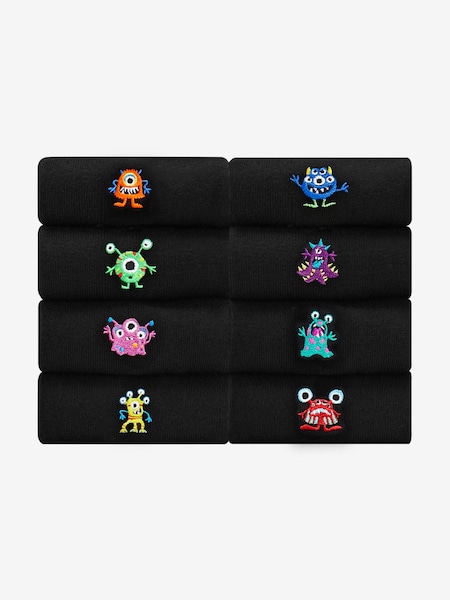 Black Bright Monster Fun Black Embroidered Socks 8 Pack (504621) | OMR4