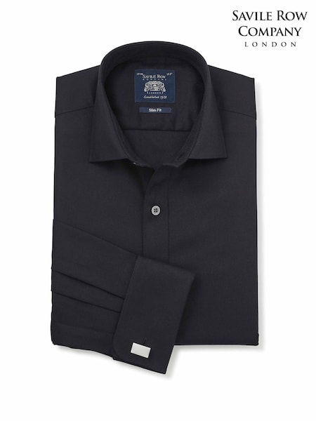 Black - Regular Savile Row Company Slim Fit Cotton Herringbone Double Cuff Formal Shirt