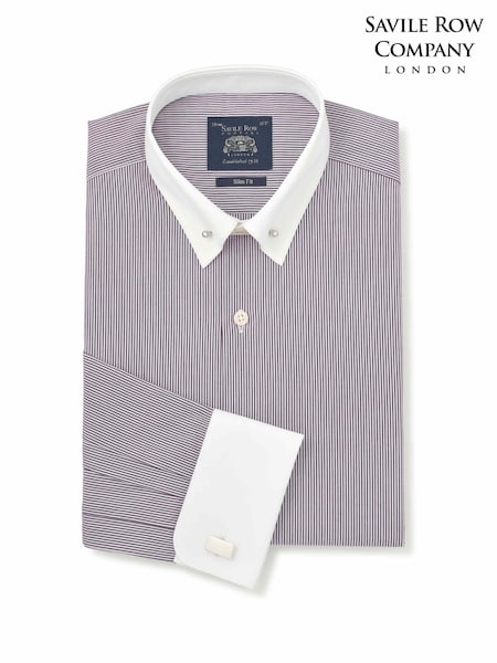 Purple - Regular Savile Row Company Slim Fit Striped Cotton Poplin Pin Collar Double Cuff Formal Shirt