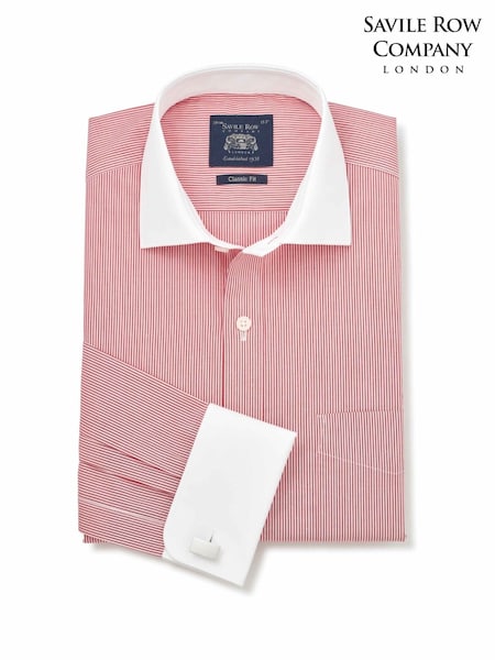 Red - Regular Savile Row Company Striped Classic Fit Cotton Poplin Double Cuff Winchester Shirt