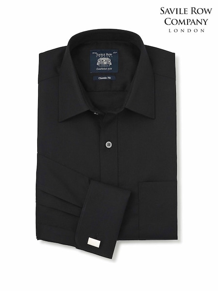 Black - Regular Savile Row Company Classic Fit Cotton Herringbone Double Cuff Formal Shirt