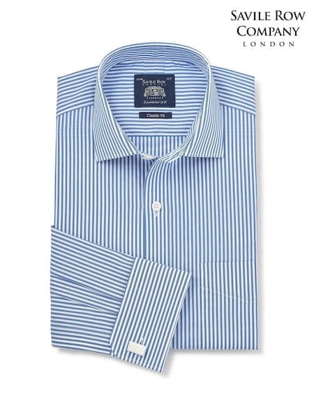 Blue - Regular Savile Row Company Classic Fit Striped Cotton Poplin Double Cuff Formal Shirt