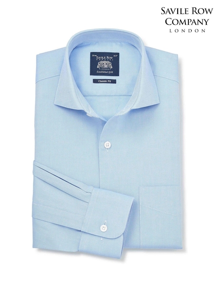 Blå - Regular Savile Row Company Classic Fit Cotton Dobby Single Cuff Formal Shirt