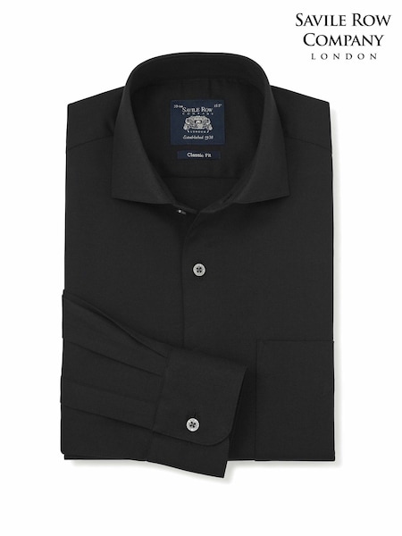 Black - Regular Savile Row Company Classic Fit Stretch Cotton Herringbone Single Cuff Formal Shirt