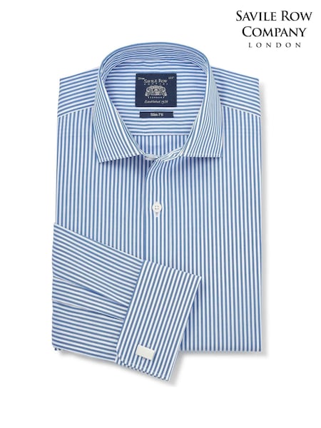 Blue - Regular Savile Row Company Striped Slim Fit Cotton Poplin Double Cuff Formal Shirt