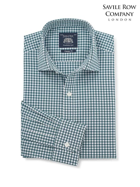 Blue - Regular Savile Row Company Classic Fit Gingham Check Cotton Poplin Single Cuff Formal Shirt