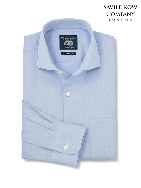 Bleu - Regular Savile Row Company Classic Fit Stretch Cotton Herringbone Single Cuff Formal Shirt