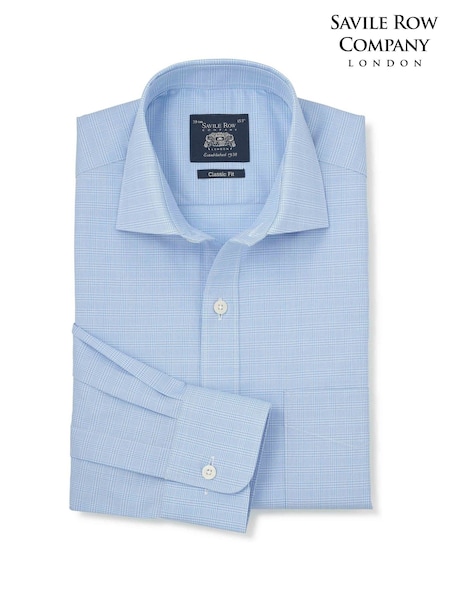 Blue - Regular Savile Row Company Prince Of Wales Check Classic Fit Cotton Twill Single Cuff Formal Shirt