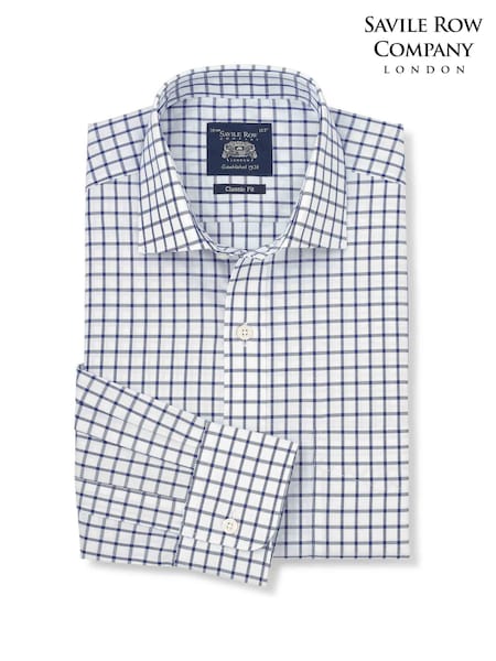 Синий - Regular Savile Row Company Classic Fit Cotton Twill Single Cuff Check Formal Shirt