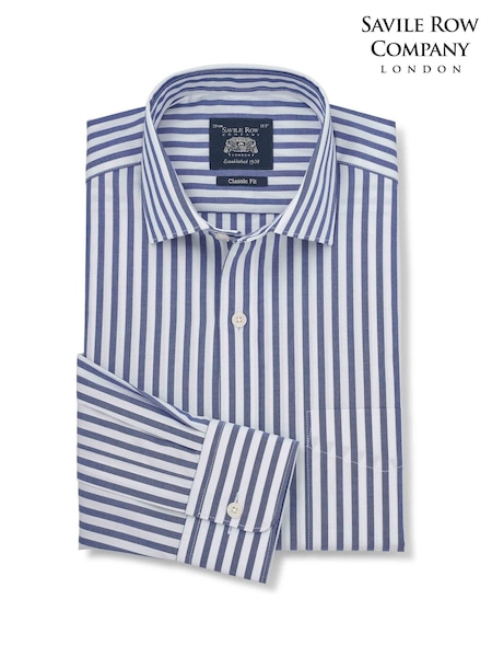 Blau - Regular Savile Row Company Classic Fit Striped Cotton Poplin Single Cuff Formal Shirt