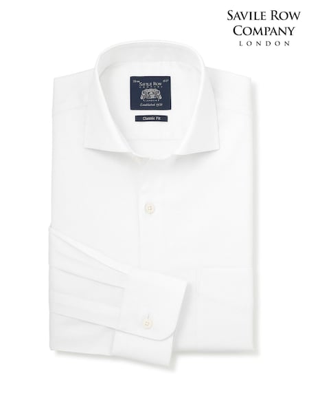 White - Regular Savile Row Company Classic Fit Stretch Cotton Herringbone Single Cuff Formal Shirt
