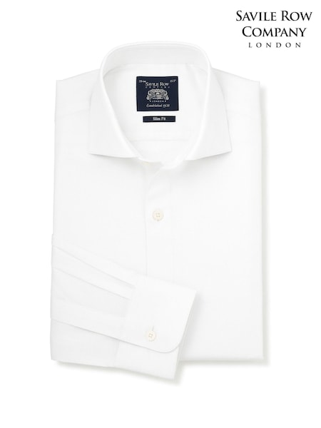 White - Regular Savile Row Company Slim Fit Stretch Cotton Herringbone Single Cuff Formal Shirt