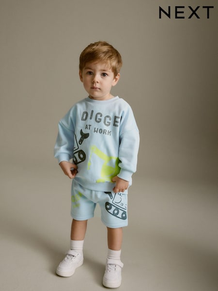 Light Blue Digger Jersey 100% Cotton Crew Neck Sweatshirt and Short Set (3mths-7yrs) (506333) | €10 - €12.50