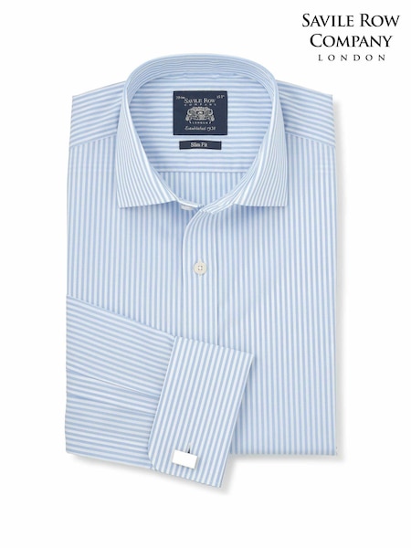 Sky Blå - Regular Savile Row Company Striped Slim Fit Cotton Poplin Double Cuff Formal Shirt