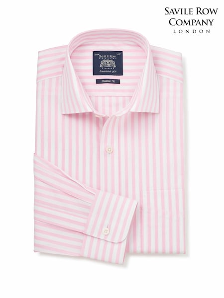 Pink - Regular Savile Row Company Classic Fit Striped Cotton Poplin Single Cuff Formal Shirt