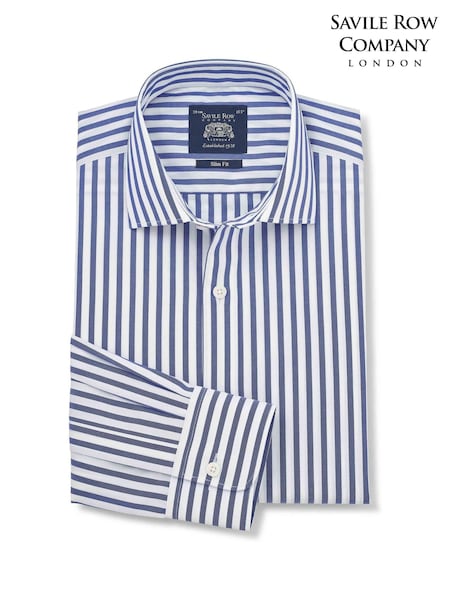 Modrá - Regular Savile Row Company Striped Slim Fit Cotton Poplin Single Cuff Formal Shirt