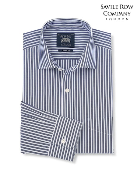 Azul - Regular Savile Row Company Classic Fit Striped Cotton Poplin Single Cuff Formal Shirt