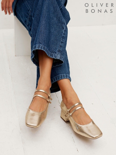 Oliver Bonas Gold Mary Jane Metallic Leather Heeled Shoes (507171) | €60