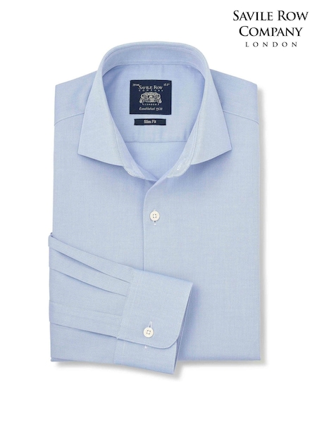 Синий - Regular Savile Row Company Slim Fit Stretch Cotton Herringbone Single Cuff Formal Shirt