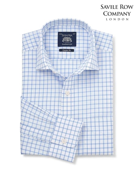 Sky Blå - Regular Savile Row Company Classic Fit Cotton Twill Single Cuff Check Formal Shirt