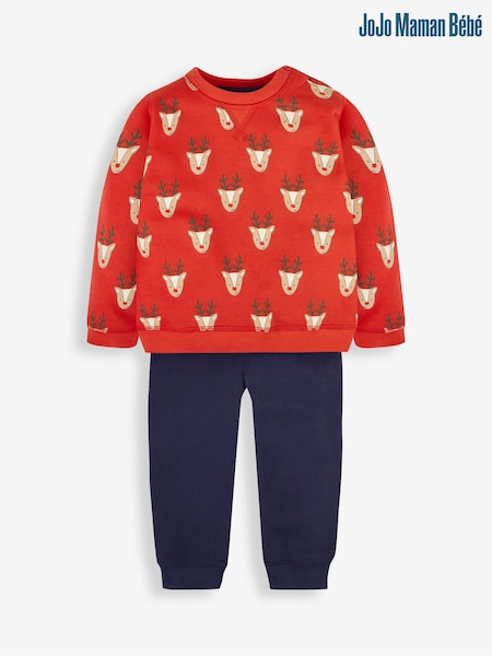 JoJo Maman Bébé Red Boys' Reindeer Sweatshirt & Jogger With Pet In Pocket Set (508541) | AED186