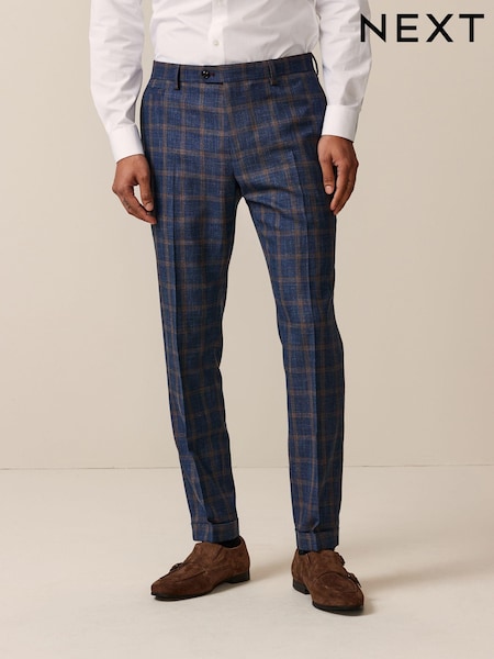 Bright Blue Skinny Fit Trimmed Check Suit Trousers (508644) | AED41