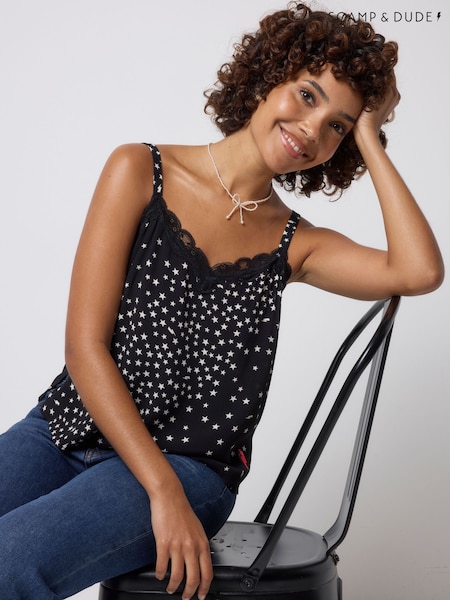 Black - Scamp & Dude Star Cluster Lace Trim Cami Top