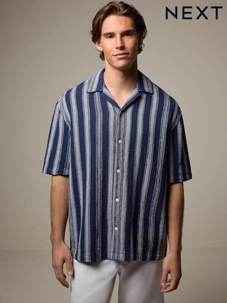 Navy Blue 100% Cotton Textured Stripe Short Sleeve Shirt (509446) | €6