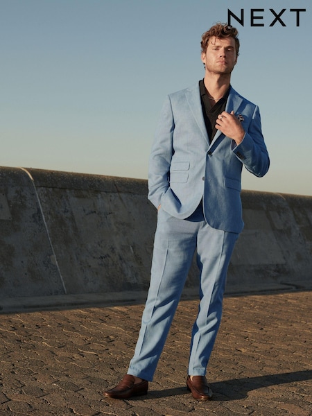 Light Blue Linen Blend Tailored Fit Suit Trousers (509459) | AED109