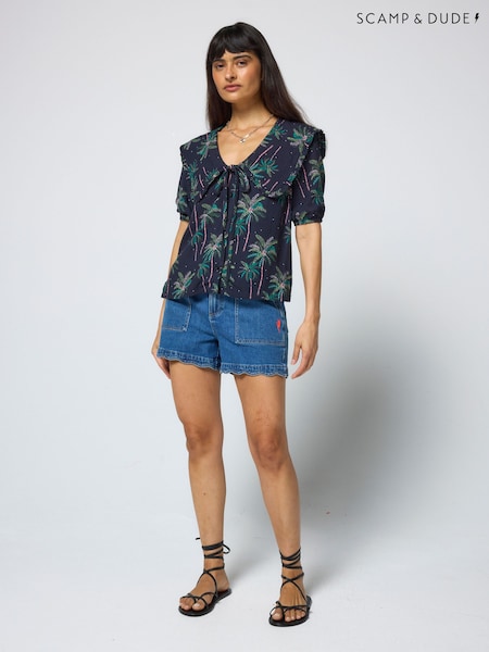 Midnight Palm Blue - Scamp & Dude Collared Blouse