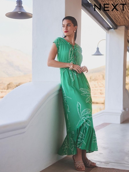 Green/White Palm Print Tie Front Short Sleeve Maxi Dress (510486) | € 10