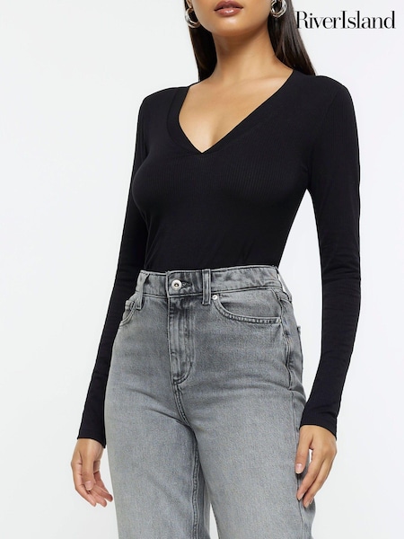 črna - River Island Rib V-Neck Long Sleeve Top (511348) | € 12