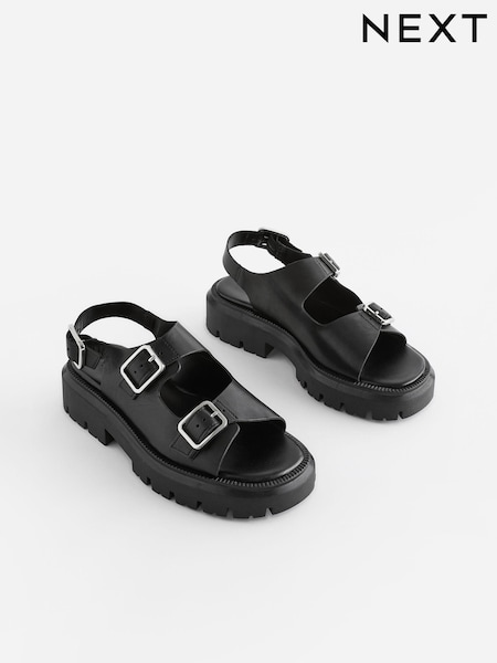 Black Regular/Wide Fit Premium Leather Chunky Cleated Sandals (512110) | €17.50