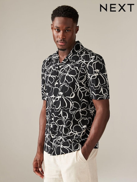 Negru/Alb - Floral Print Short Sleeve Shirt (512785) | 119 LEI