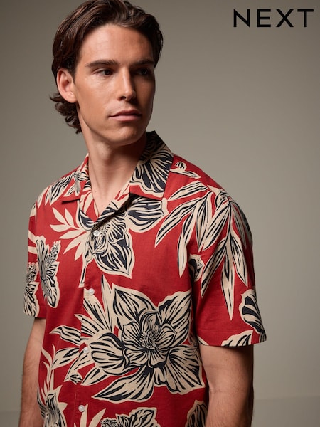 Roșu - Cuban Collar Short Sleeve Floral Print Shirt (512788) | 119 LEI
