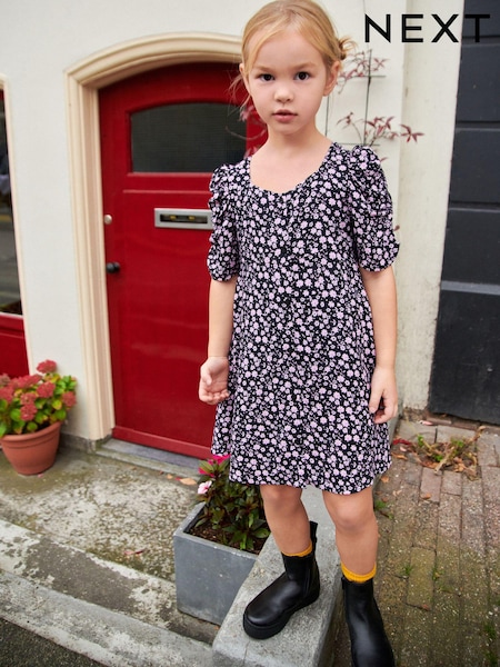 Schwarz/Pink geblümt - Ruched Sleeve Tea Dress (3-16yrs) (512855) | 4 € - 5 €