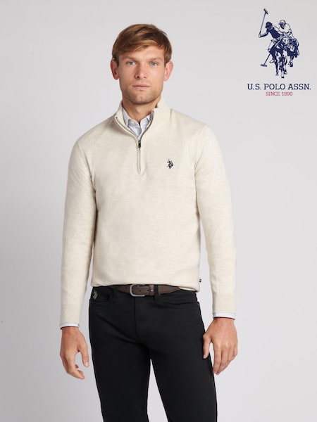 U.S. Polo Assn. Cream Mens Funnel Neck Quarter Zip Knit Jumper (512956) | $122