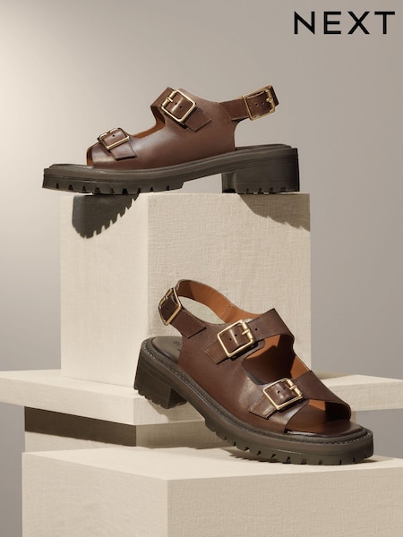 Chocolate Brown Regular/Wide Fit Premium Leather Chunky Cleated Sandals (514041) | €33.50