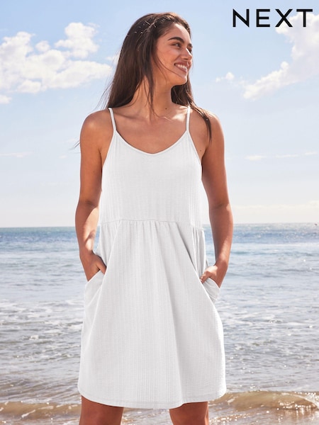 Alb - Rochie mini de vară tip maiou din bumbac 100% seersucker cu decolteu în V (514415) | 72 LEI