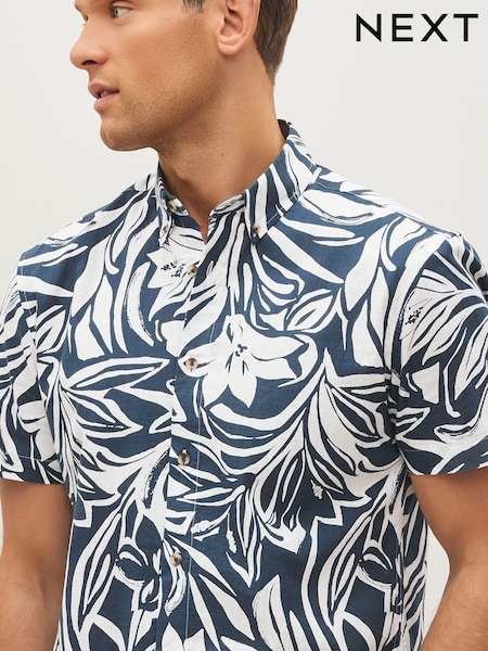 Bleumarin/Alb - Printed Floral Short Sleeve Oxford Shirt (514507) | 142 LEI
