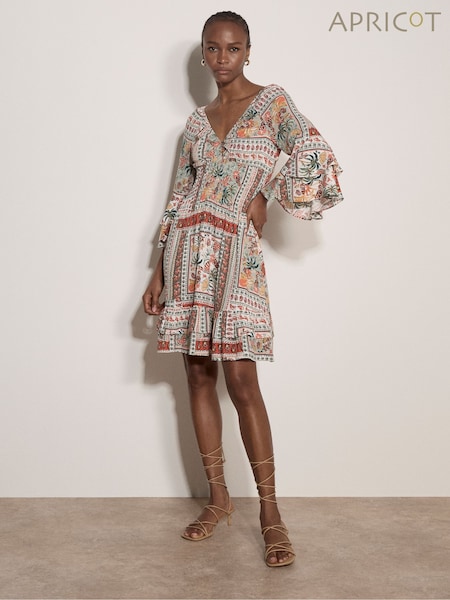 Green - Apricot Patchwork Print Smocked Mini Dress