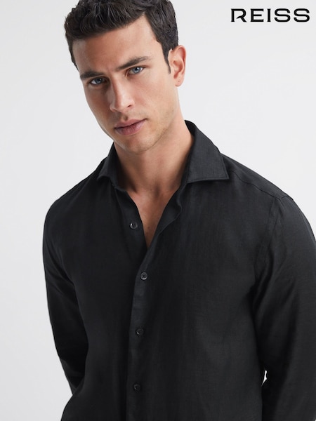 Reiss Black Rex Linen Cutaway Collar Shirt (515298) | €142