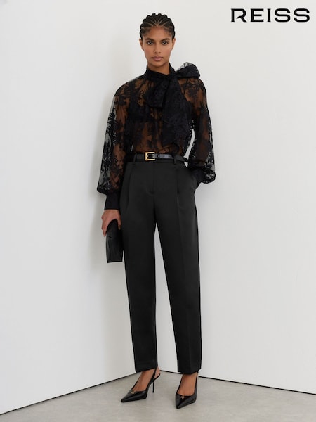 Schwarz - Reiss Ellen Taper Satin Single-pleat Tapered Trousers