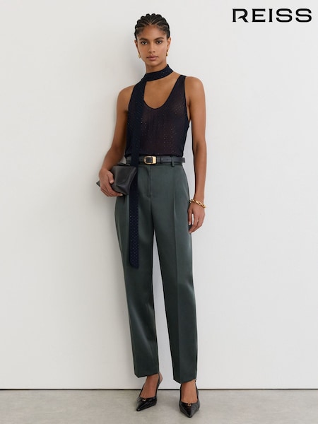 Grün - Reiss Ellen Taper Satin Single-pleat Tapered Trousers