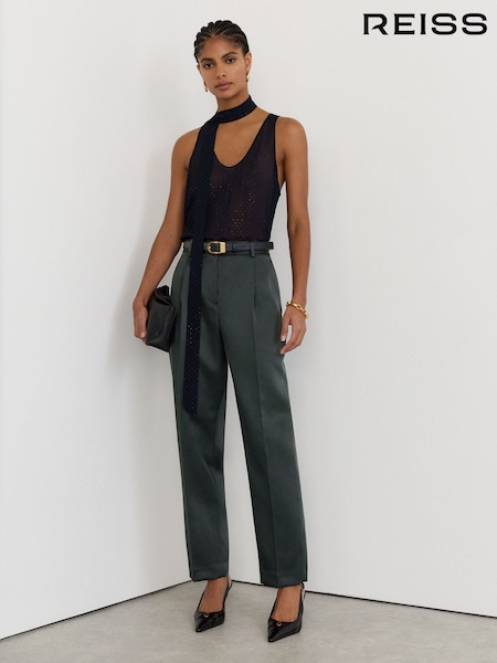 Zelená - Reiss Ellen Taper Satin Single-pleat Tapered Trousers