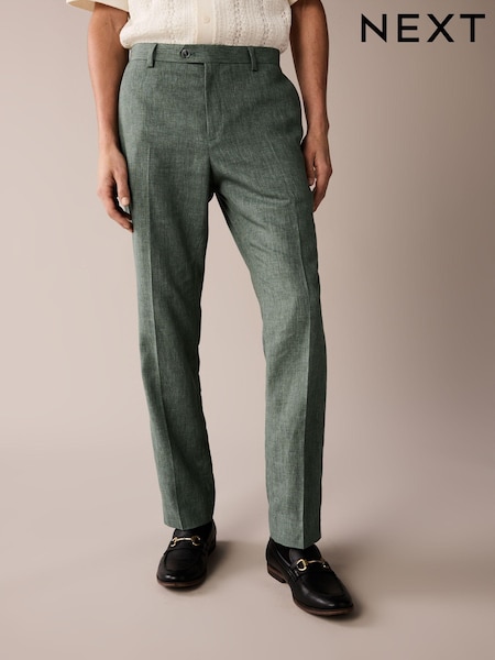 Green Linen Blend Tailored Fit Suit Trousers (515485) | AED109