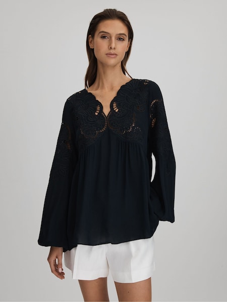 Reiss Navy Noa Lace Cut-Out Blouse (515592) | AED1,282