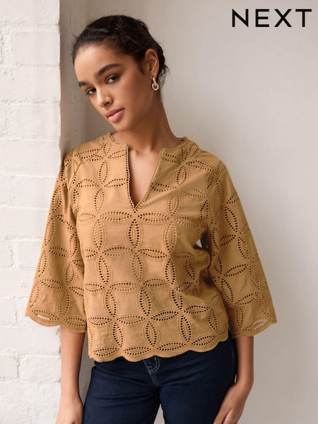 Brown 3/4 Sleeve Floral Broderie Notch Neck Top (515606) | €18