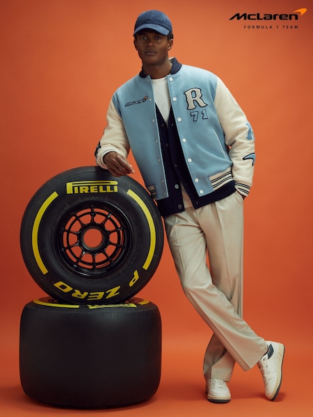 Reiss x McLaren F1 Team Soft Blue/Ecru Leather Varsity Jacket (515709) | €1,519